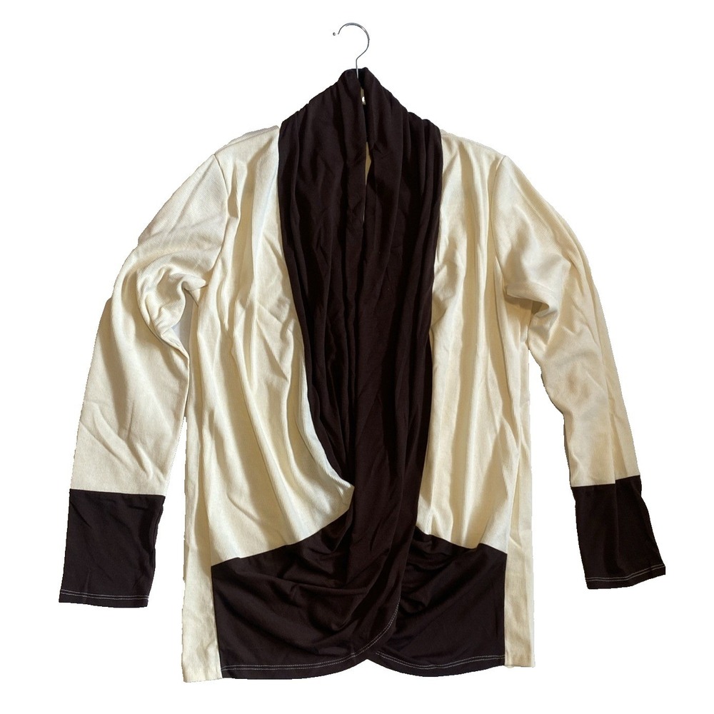 Miholl Women XXL Long Sleeve Top Cream Brown Colorblock Ribbed Drape‎ Neck Twist
